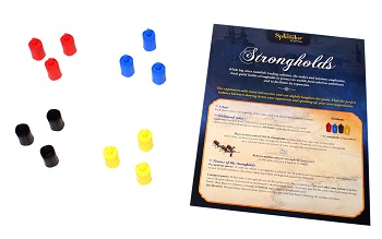 four sets of game tokens, in the colors of yellow, blue, red, and black, next to the game's rulebook