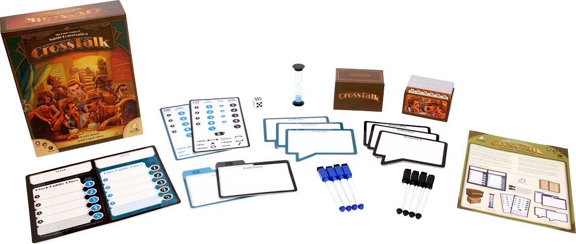 The various components of Crosstalk laid out to display the contents of the box.