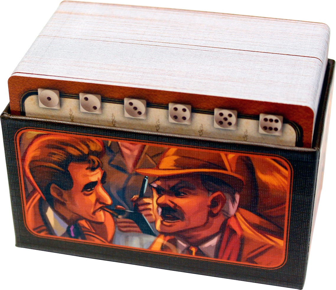 Image of the container for the Crosstalk cards. A stack of cards nestled into a cardboard container featuring art from the game.