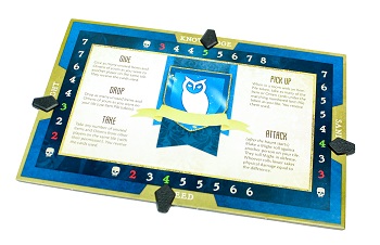 Blue family card with owl artwork and ability references