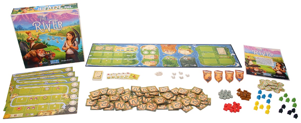 The River game box, board, and tokens components on display