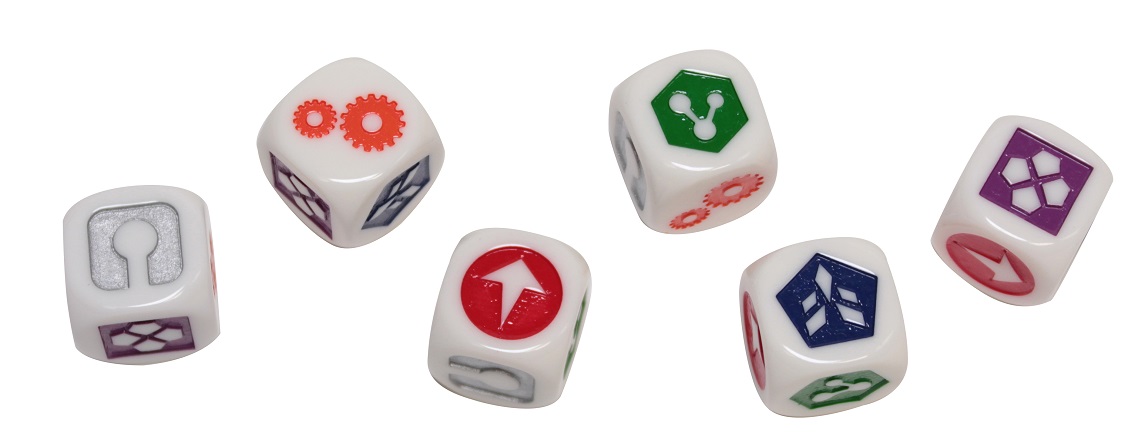 Six plastic white dice with engraved multicolored icons