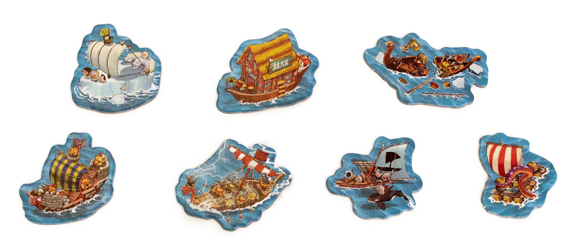 closeup of seven game board tokens with each containing an illustration of a different ship or vessel from the Empires of the North