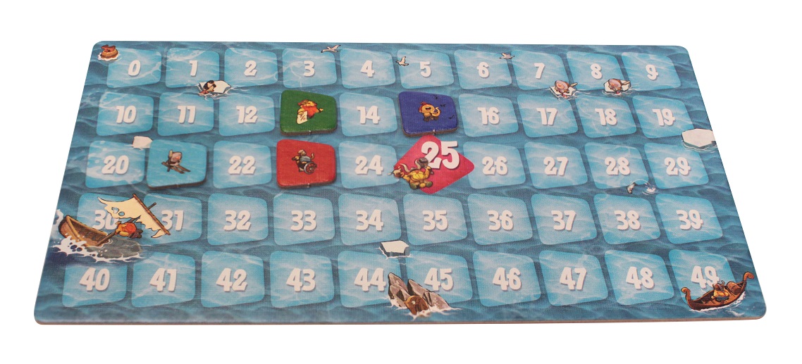 game board with the numbers from zero to forty-nine with various tokens and game pieces placed upon it