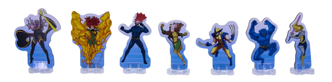 A row of seven carboard standees of x-men characters