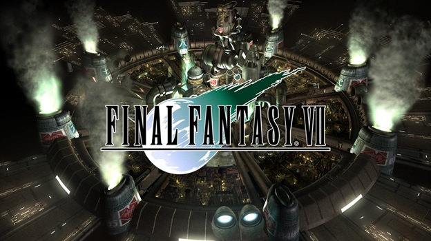 Logo for Final Fantasy VII over a screenshot of Midgar