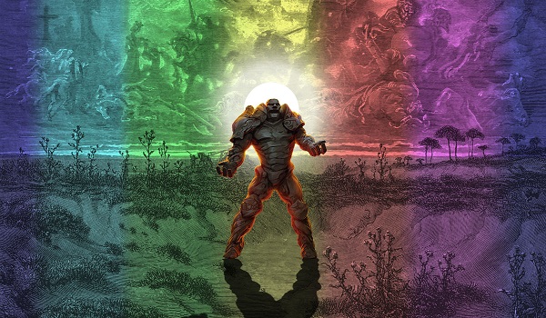 Karn replaces the figure on the horse from the painting with vertical bands of rainbow colors imposed on the background.