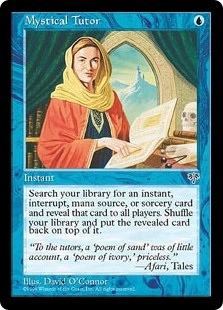 An image of the Magic card Mystical Tutor from the Mirage expansion. A woman in a yellow head scarf faces the viewer holding an open book.