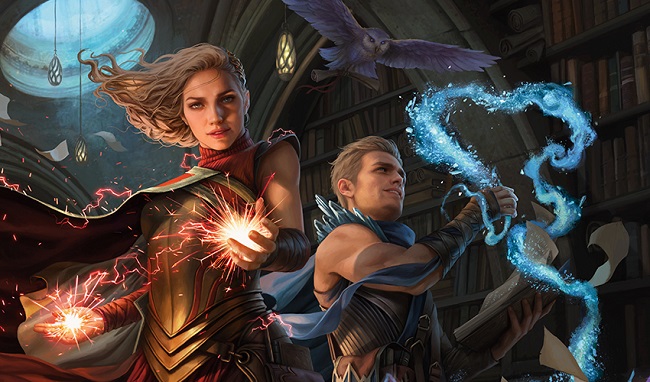 Twins, a blonde man and woman, wielding magic in an old library