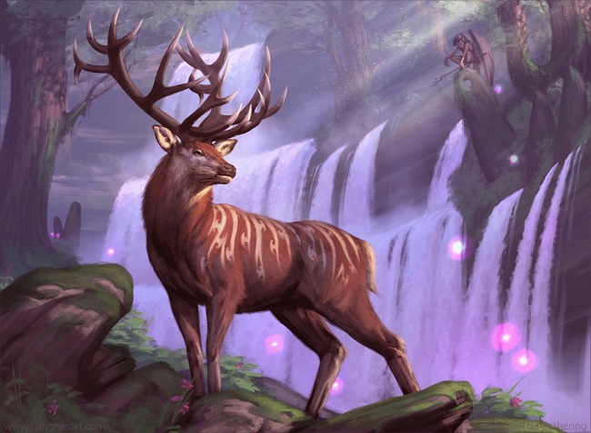 A stag in an enchanted wilderness being watched by a winged figure