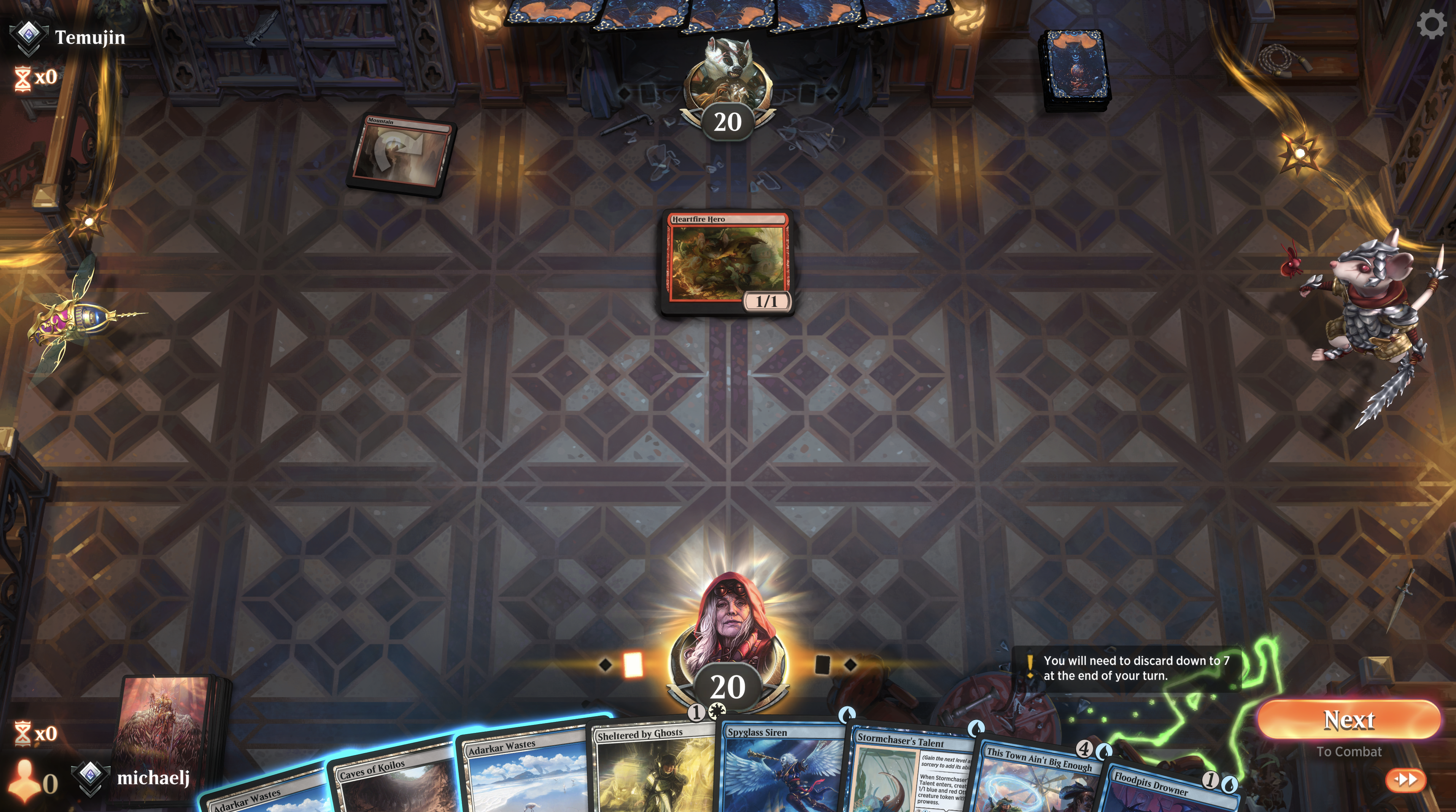 image showing an opening hand for esper enchantments against an opener of Mountain and Heartfire Hero. The hand contains two Adarkar Wastes, a Caves of Koilos, Sheltered by Ghosts, Spyglass Siren, Stormchaser's Talent, This Town Ain't Big Enough, and Floodpits Drowner.