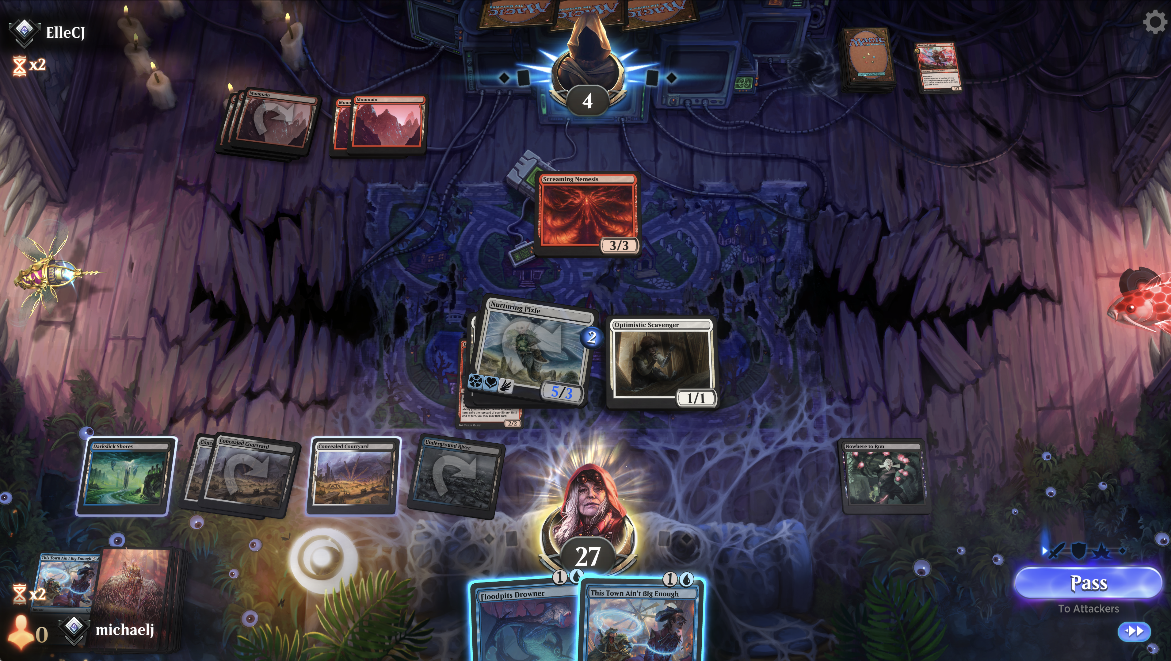 Image of a Magic game in progress. Opponent has five Mountains and a Screaming Nemesis in play. We have a Darkslick Shores, three Concealed Courtyards, an Underground River, a Nurturing Pixie with two Sheltered by Ghosts on it, an Optimistic Scavenger and a Nowhere to Run in play. We have a Floodpits Drowner and This Town Ain't Big Enough in hand.