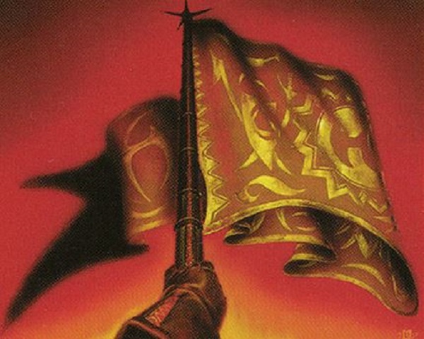 Art from Jabari's Banner. A gauntleted hand holds up a banner over a red background.