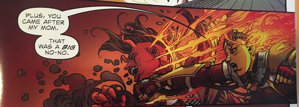 A panel from the Chandra comics in which Chandra punches Tibalt in the face for going after her mother.