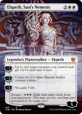Alternate art, borderless version of the Magic card Elspeth, Sun's Nemesis.