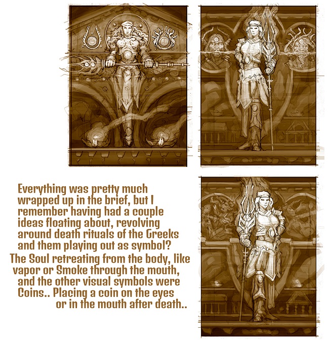 Various sketches of a Greek-inspired frieze featuring Elspeth.