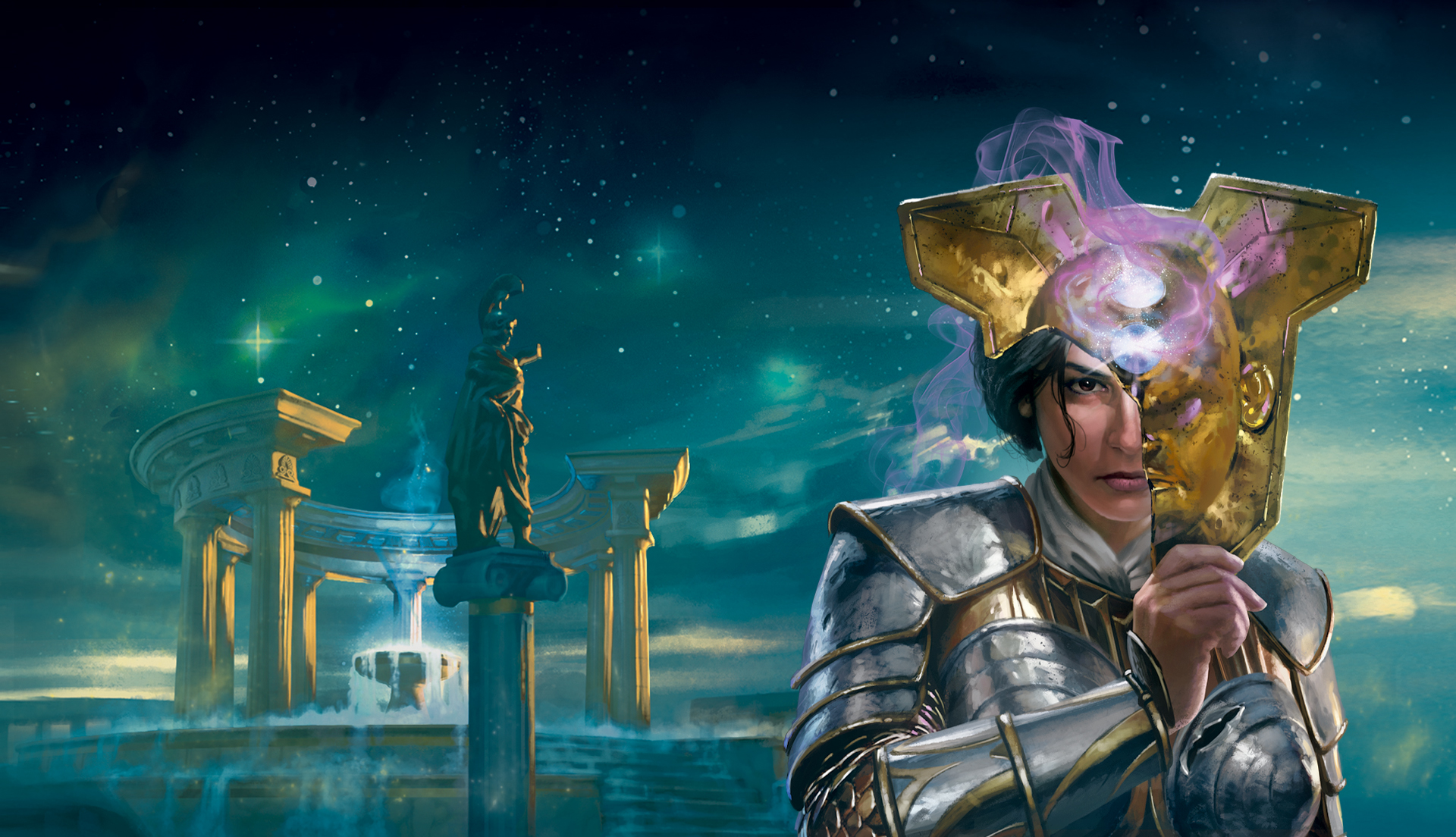 Key art from Theros Beyond Death featuring Elspeth holding an ornat golden death mask in front of her face.