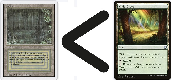 From left to right, Bayou, a lesser than sign, and Vivid Grove